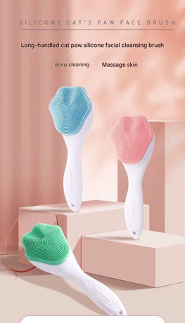 Pink Silicone Cat Paw Face Brush - Long Handle Manual Facial Cleanser for Deep Pore Cleaning, Exfoliating & Massaging - Soft Bristles for Blackhead Removal, Gentle on Skin, Travel Friendly