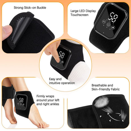 Grey 2-piece Wireless Electric Ankle Massager with Heat and Vibration - 3 Heating Levels, 3 Vibration Modes, 15 Min Timer, 2000mAh Rechargeable Battery - Cordless Foot and Ankle Pain Relief Wrap for Men and Women