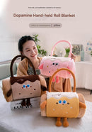 Brown 80*100cm Cartoon Hand-Carry Roll-Up Blanket - Plush Flannel Nap Blanket with Pillow Function, Portable Office & Travel Throw for Home, Car, and Sofa Use - Soft, Machine Washable, Multi-Scene Use