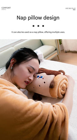 Orange 80*100cm Cartoon Hand-Carry Roll-Up Blanket - Plush Flannel Nap Blanket with Pillow Function, Portable Office & Travel Throw for Home, Car, and Sofa Use - Soft, Machine Washable, Multi-Scene Use