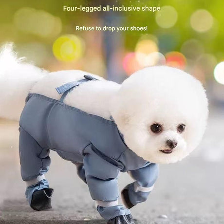 Grey M size Pet Waterproof Full-Body Dust-Proof Pants with Belly Coverage - Adjustable Straps, 4-Leg Protection for Small Dogs, Easy Clean Outdoor Wear