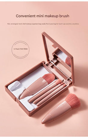 Green 5-Piece Compact Makeup Brush Set with Mirror - Synthetic Fibre Travel Case with Foundation, Powder & Blush Brushes - Portable Beauty Tool Kit for On-the-Go Touch-Ups