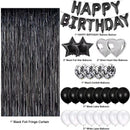 Black and White Premium Foil Balloon Party Kit – Happy Birthday Banner, 2 Star & 2 Heart Foil Balloons, 10 Confetti + 10 Pearl Latex Balloons, 2m Fringe Curtain & 10m Ribbon – Elegant, Easy Setup for Birthdays & Celebrations