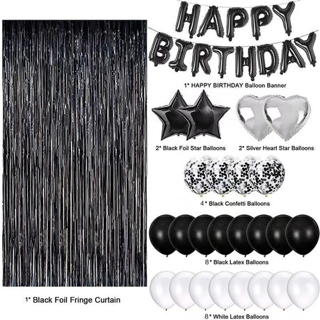 Black and White Premium Foil Balloon Party Kit – Happy Birthday Banner, 2 Star & 2 Heart Foil Balloons, 10 Confetti + 10 Pearl Latex Balloons, 2m Fringe Curtain & 10m Ribbon – Elegant, Easy Setup for Birthdays & Celebrations