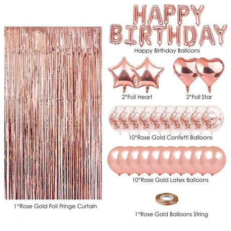 Black and White Premium Foil Balloon Party Kit – Happy Birthday Banner, 2 Star & 2 Heart Foil Balloons, 10 Confetti + 10 Pearl Latex Balloons, 2m Fringe Curtain & 10m Ribbon – Elegant, Easy Setup for Birthdays & Celebrations