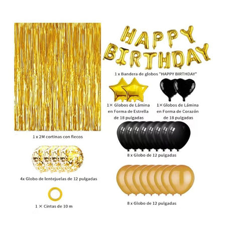 Silvery Premium Foil Balloon Party Kit – Happy Birthday Banner, 2 Star & 2 Heart Foil Balloons, 10 Confetti + 10 Pearl Latex Balloons, 2m Fringe Curtain & 10m Ribbon – Elegant, Easy Setup for Birthdays & Celebrations