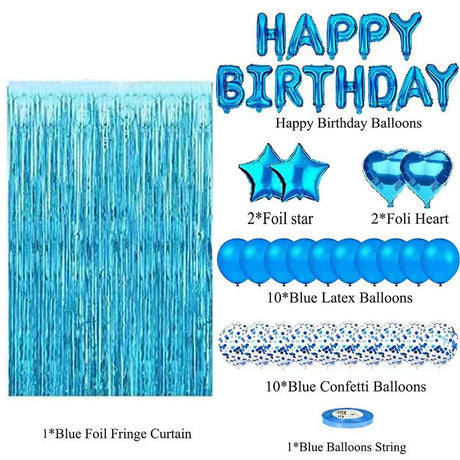 Silvery Premium Foil Balloon Party Kit – Happy Birthday Banner, 2 Star & 2 Heart Foil Balloons, 10 Confetti + 10 Pearl Latex Balloons, 2m Fringe Curtain & 10m Ribbon – Elegant, Easy Setup for Birthdays & Celebrations