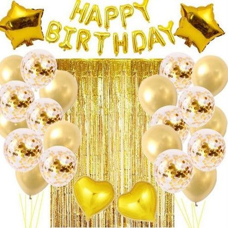 Silvery Premium Foil Balloon Party Kit – Happy Birthday Banner, 2 Star & 2 Heart Foil Balloons, 10 Confetti + 10 Pearl Latex Balloons, 2m Fringe Curtain & 10m Ribbon – Elegant, Easy Setup for Birthdays & Celebrations