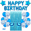 Blue Premium Foil Balloon Party Kit – Happy Birthday Banner, 2 Star & 2 Heart Foil Balloons, 10 Confetti + 10 Pearl Latex Balloons, 2m Fringe Curtain & 10m Ribbon – Elegant, Easy Setup for Birthdays & Celebrations