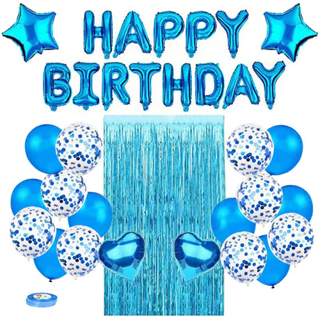 Blue Premium Foil Balloon Party Kit – Happy Birthday Banner, 2 Star & 2 Heart Foil Balloons, 10 Confetti + 10 Pearl Latex Balloons, 2m Fringe Curtain & 10m Ribbon – Elegant, Easy Setup for Birthdays & Celebrations