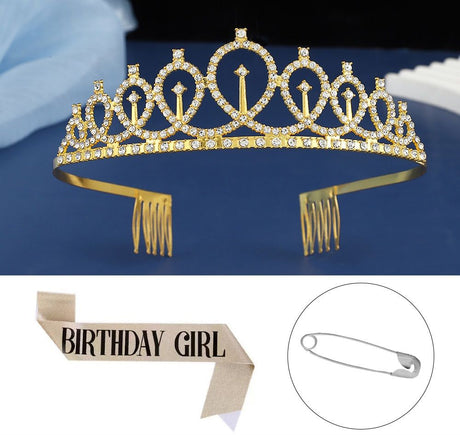 2-piece Golden Birthday Girl Tiara and Sash Set - Elegant Rhinestone Alloy Crown with , Glitter 