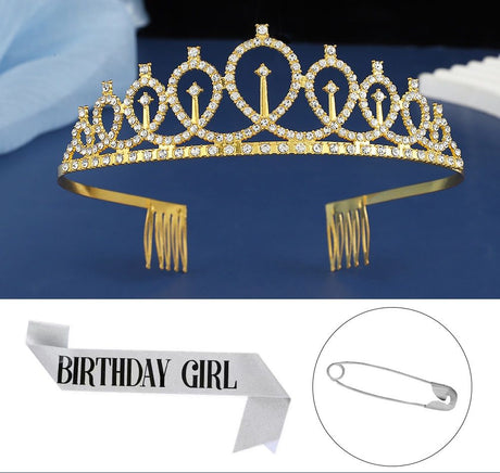 2-piece Golden and Silvery Birthday Girl Tiara and Sash Set - Elegant Rhinestone Alloy Crown with , Glitter 