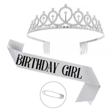 2-piece Silvery Birthday Girl Tiara and Sash Set - Elegant Rhinestone Alloy Crown with , Glitter 