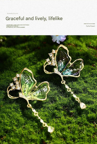 Green Butterfly Brooch - Green Enamel Crystal Tassel Pin - Elegant Alloy Jewelry for Women, Gift for Mom, Teacher, Friend, Birthday, Valentine's Day, Mother's Day