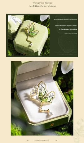 Green Butterfly Brooch - Green Enamel Crystal Tassel Pin - Elegant Alloy Jewelry for Women, Gift for Mom, Teacher, Friend, Birthday, Valentine's Day, Mother's Day