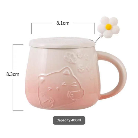 Pink Gradient Cat Ceramic Mug with Lid and Spoon - 400ml Porcelain Coffee Cup - Adorable 3D Cat Design, Pastel Colour, Gift Box Included - Ideal for Home, Office, or as a Present for Women and Cat Lovers