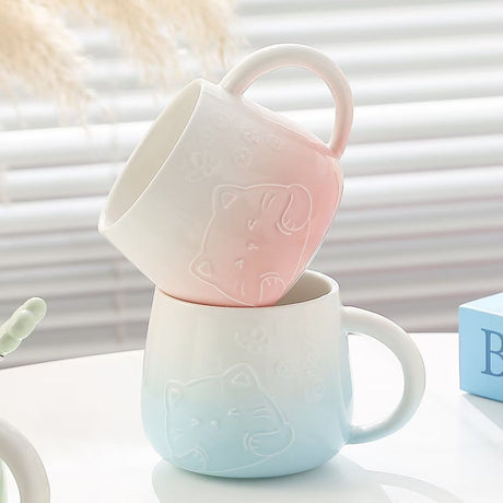 Blue Gradient Cat Ceramic Mug with Lid and Spoon - 400ml Porcelain Coffee Cup - Adorable 3D Cat Design, Pastel Colour, Gift Box Included - Ideal for Home, Office, or as a Present for Women and Cat Lovers