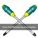 2-piece Green One 6-inch Phillips screwdriver and one 6-inch flathead screwdriver  Impact-Resistant Magnetic Screwdriver with Through-Tang Shaft — Chrome Vanadium Steel Bit, Ergonomic Non-Slip Handle — Ideal for Automotive Repair, Machinery Maintenance, F