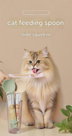 Beige Cat Treat Spoon for Wet Food & Paste - Extra-Long PP Handle, Food-Grade Squeeze Feeder with Anti-Spill Bowl, Easy One-Handed Operation for Cats