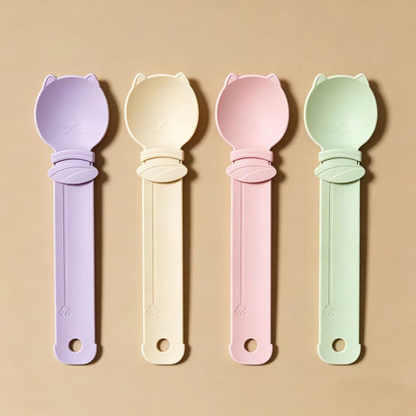 4-piece Beige and Pink and Green and Purple Cat Treat Spoon for Wet Food & Paste - Extra-Long PP Handle, Food-Grade Squeeze Feeder with Anti-Spill Bowl, Easy One-Handed Operation for Cats