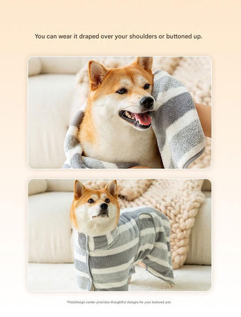 Grey and White M Size Super Absorbent Dog Bathrobe – Quick-Dry Coral Fleece Pet Towel with Snaps & Adjustable Belly Strap | Wearable Drying Coat for Small Medium Large Dogs & Cats After Bath, Swim, Rain