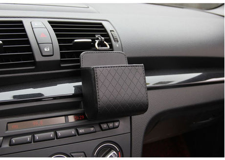 Black Leather Car Air Vent Storage Bag - Multi-Purpose Phone Holder & Organiser Pouch for Sunglasses, Keys, Cards - Universal Fit, Easy Install, Compact Design for Dashboard Tidy