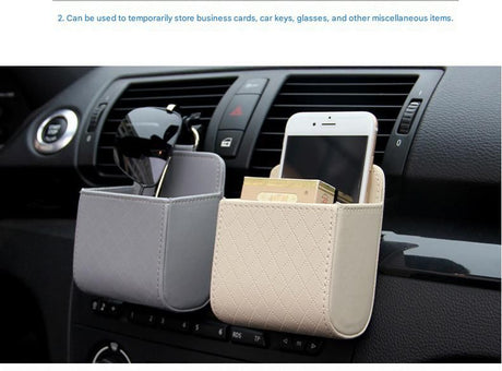 Beige Leather Car Air Vent Storage Bag - Multi-Purpose Phone Holder & Organiser Pouch for Sunglasses, Keys, Cards - Universal Fit, Easy Install, Compact Design for Dashboard Tidy