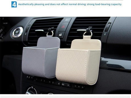Beige Leather Car Air Vent Storage Bag - Multi-Purpose Phone Holder & Organiser Pouch for Sunglasses, Keys, Cards - Universal Fit, Easy Install, Compact Design for Dashboard Tidy