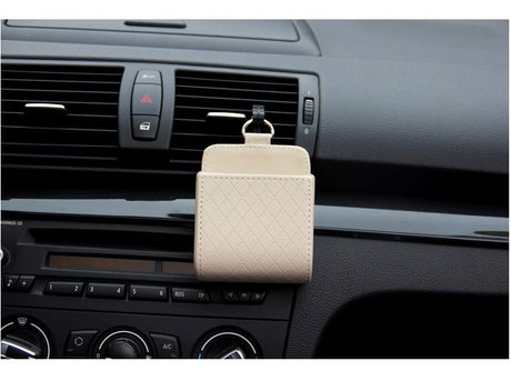 Beige Leather Car Air Vent Storage Bag - Multi-Purpose Phone Holder & Organiser Pouch for Sunglasses, Keys, Cards - Universal Fit, Easy Install, Compact Design for Dashboard Tidy