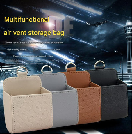 4-piece Black and Brown and Beige and Grey - Leather Car Air Vent Storage Bag - Multi-Purpose Phone Holder & Organiser Pouch for Sunglasses, Keys, Cards - Universal Fit, Easy Install, Compact Design for Dashboard Tidy
