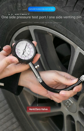 Black High Precision Mechanical Tyre Pressure Gauge - Durable Stainless Steel & Rubber Construction, Long Flexible Hose, Pressure Release & Zeroing Valve, 0-100 PSI Dial for Car, SUV, Motorcycle, Van