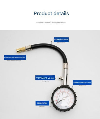 Black High Precision Mechanical Tyre Pressure Gauge - Durable Stainless Steel & Rubber Construction, Long Flexible Hose, Pressure Release & Zeroing Valve, 0-100 PSI Dial for Car, SUV, Motorcycle, Van
