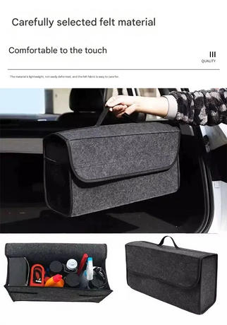 Dark gray Foldable Car Trunk Organizer - Durable Felt Storage Box with Magic Tape Closure, Portable Handle, Scratch Resistant, Space Saving Design for SUV, Sedan, Hatchback