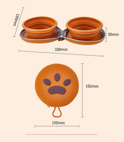 Light Yellow Portable Collapsible Silicone Pet Bowl - Food Grade Silicone - Dual Bowl Design, Adjustable Height, Lightweight & Compact, Bear Paw Pattern, for Dogs & Cats, Travel Friendly, Easy Clean