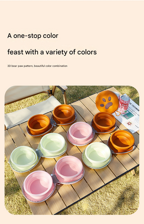 Pink Portable Collapsible Silicone Pet Bowl - Food Grade Silicone - Dual Bowl Design, Adjustable Height, Lightweight & Compact, Bear Paw Pattern, for Dogs & Cats, Travel Friendly, Easy Clean