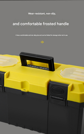 14-inch Yellow and Black Heavy Duty Plastic Toolbox - PP Material with ABS Latches - Lockable, Large Capacity, Double Layer, Organized Storage, for Home Repair, Automotive, Construction, Outdoor Use