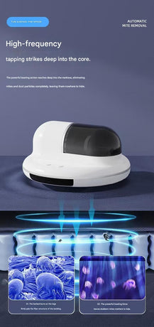 White Automatic Intelligent Walking Mite Removal Robot - UV Sterilisation, High Frequency Beating, Strong Suction, Wireless Rechargeable Bed Vacuum for Mattress, Sofa, Carpet, Pet Hair