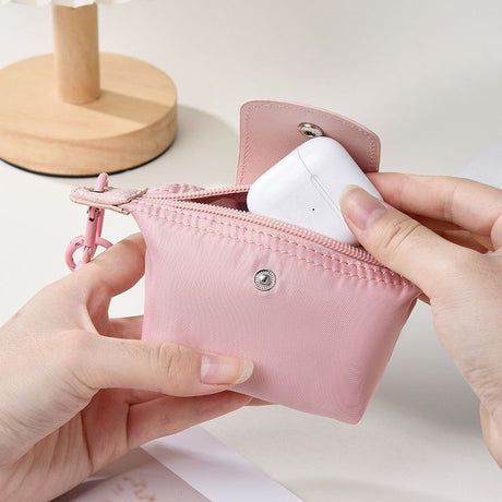 White Mini Nylon Coin Purse with Wrist Strap - Compact Zipper Key Holder Pouch for Cards Lipstick and Earphones