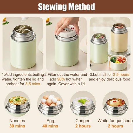 Green 800ml Stainless Steel Thermal Stew Jar Portable Insulated Lunch Pot with Handle – Vacuum Insulated Soup Container(Retractable style)