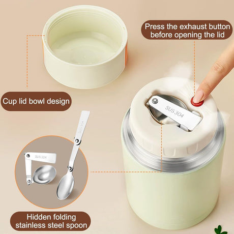 Green 800ml Stainless Steel Thermal Stew Jar Portable Insulated Lunch Pot with Handle – Vacuum Insulated Soup Container(Foldable model)