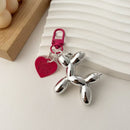 2-Piece Silver Balloon Dog Keychain Set with Heart Charm Bag Pendant Cute Couple Gift(Rose red button)