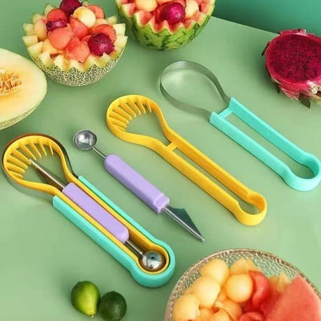 2-Piece Fruit Carving Tool Set Melon Baller Scoop Knife Stainless Steel(Yellow, blue and green)