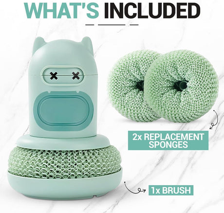 White Cartoon Press Dishwashing Brush with Replaceable Sponge Heads Kitchen Pot Cleaner