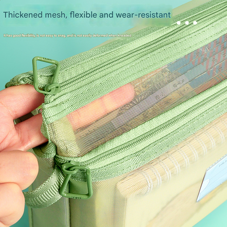 Turquoise Double Layer Mesh File Bag with Handle Large Capacity Student Subject Organizer