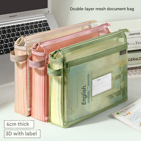 Orange Double Layer Mesh File Bag with Handle Large Capacity Student Subject Organizer