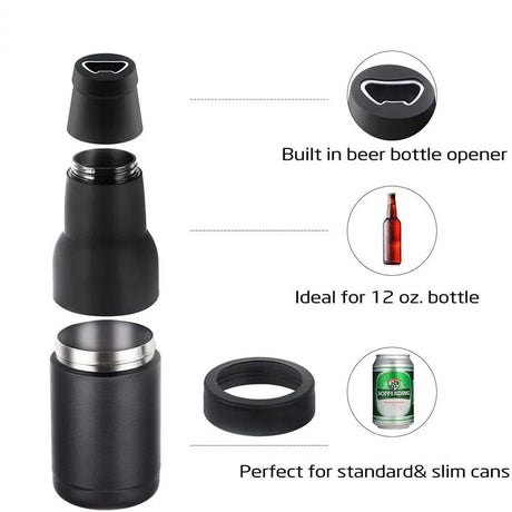 3-in-1 Beer Bottle Insulated Tumbler and Can Cooler with Bottle Opener – Double Wall Stainless Steel Soda Can Insulator & Holder for Car Outdoor Beverage Storage, 12oz Black