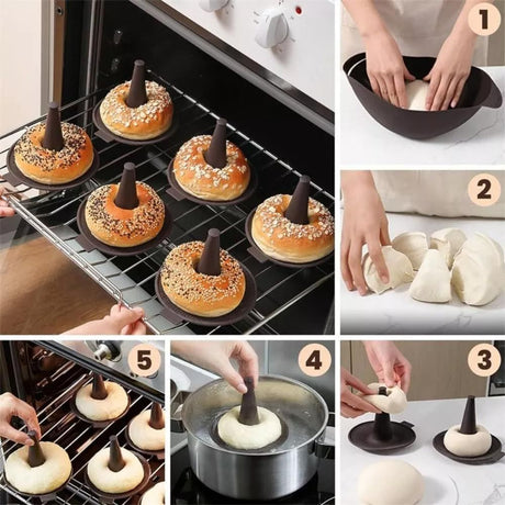 Silicone Donut Baking Mould for Homemade Baking - Heat Range -30℃ to 230℃, Non Stick Pastry Pans with Perforated Base & Cone Centre (5pcs Coffee)