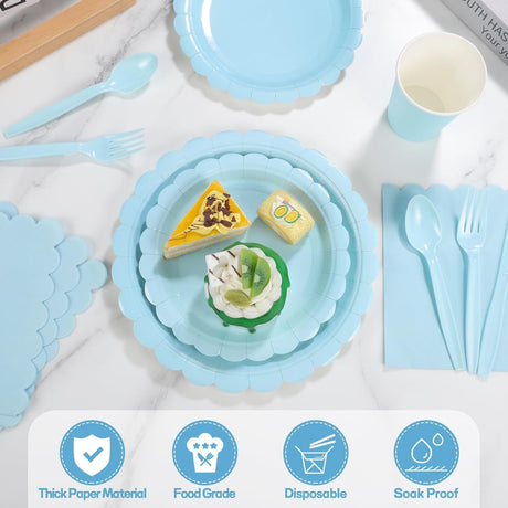 7-Piece Light Blue Scalloped Party Tableware Set for 25 Guests - Disposable Paper Plates 7 / 9 inch, 9oz Cups, Napkins, Cutlery with Matching Tablecloth for Birthday, Baby Shower, EOFY Event