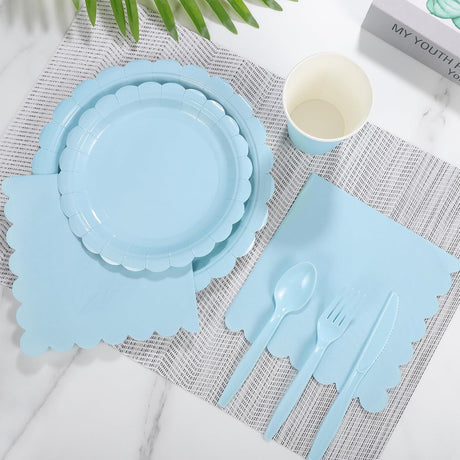 7-Piece Light Blue Scalloped Party Tableware Set for 25 Guests - Disposable Paper Plates 7 / 9 inch, 9oz Cups, Napkins, Cutlery with Matching Tablecloth for Birthday, Baby Shower, EOFY Event