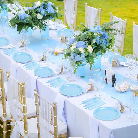 7-Piece Light Blue Scalloped Party Tableware Set for 25 Guests - Disposable Paper Plates 7 / 9 inch, 9oz Cups, Napkins, Cutlery with Matching Tablecloth for Birthday, Baby Shower, EOFY Event